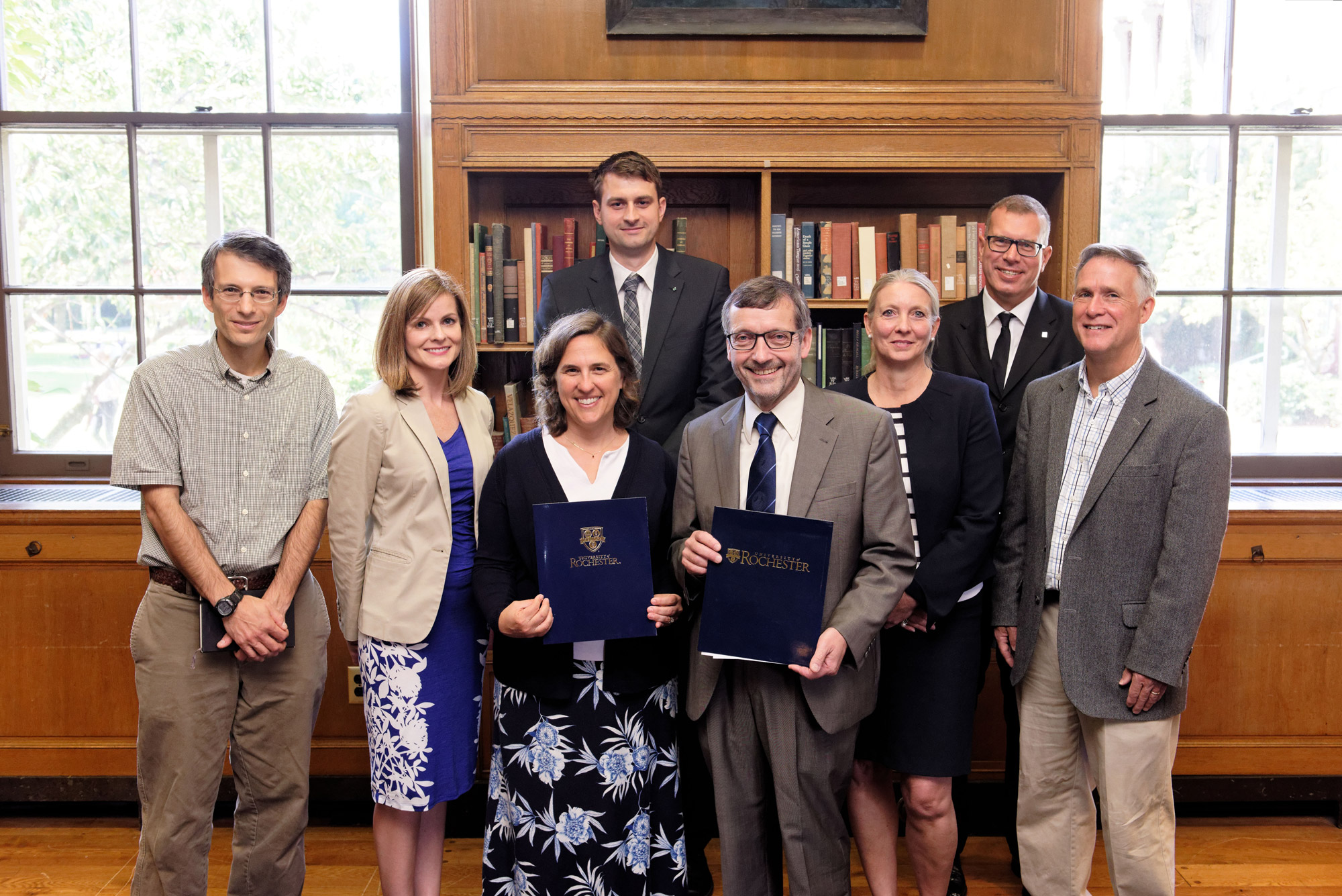 The University of Rochester and Friedrich Schiller University Jen sign a Memorandum of Understanding for the ERASMUS program. The event was held in the Welles-Brown Room of Rush Rhees Library on the University of Rochester's River Campus, Rochester, NY, Monday, September 12, 2016. In the front row from left to right: Andrew Berger, Jane Gatewood, Wendi Heinzelman, Walter Rosenthal, Claudia Hillinger, and Tom Brown. In the rear from left to right: Kevin Füchsel and Andreas Tünnermann.